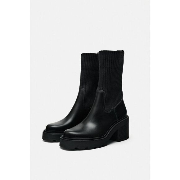 Zara Women’s Black Ribbed Sock Ankle Boots With Track Sole - Picture 6 of 13